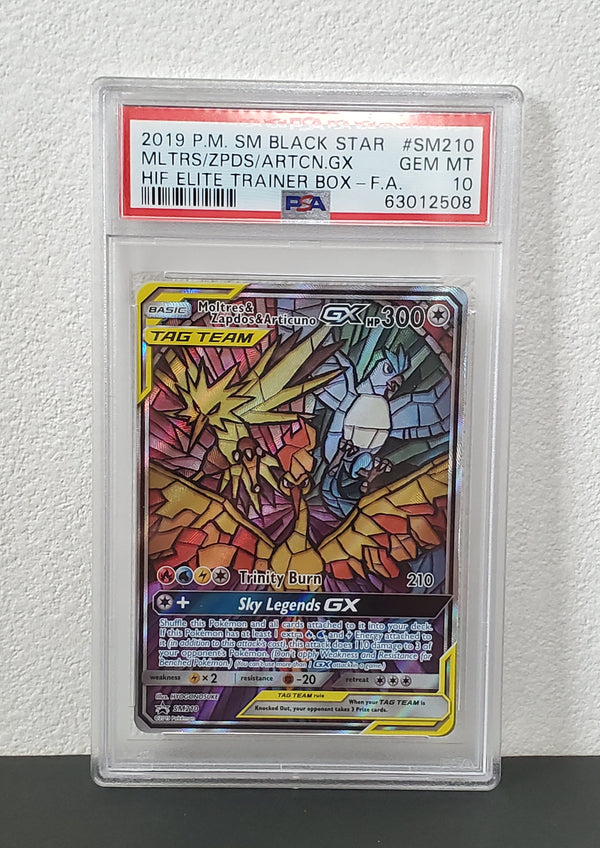 2019 Pokemon SM Black Star Promo SM210 Full Art/Moltres & Zapdos & Articuno GX Hidden Fates Elite Trainer Box PSA